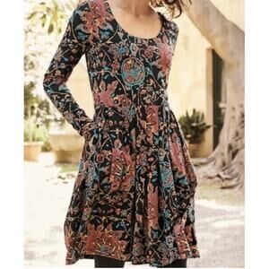 Peruvian Connection Cotton Mini Dress Women's Size XS Black Floral Long Sleeve